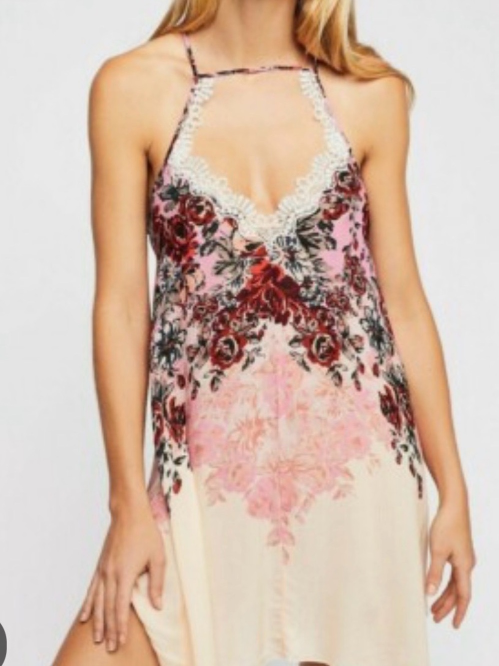Free People Floral Haze Lace Trim Mini Slip Dress